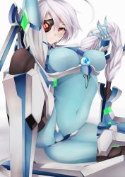 Rule 34 | 1girl, ass, bad id, bad pixiv id, blazblue, braid, breasts, covered navel, eyepatch, highres, large breasts, long hair, nu-13, red eyes, silver hair, simple background, smile, snm (sunimi), solo, thighs, white background