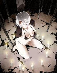 Rule 34 | 1girl, arizuka (catacombe), arms behind back, bikini, black bikini, breasts, candle, chain, cleavage, cross, from above, full body, grin, high heels, highres, jewelry, kneeling, large breasts, necklace, original, red eyes, smile, solo, swimsuit, white hair