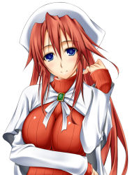Rule 34 | 1girl, aty, aty (summon night), beret, blue eyes, blush, breasts, brooch, cape, hair between eyes, hat, jewelry, large breasts, long sleeves, looking at viewer, red hair, ribucci, simple background, sleeves past wrists, solo, striped, summon night, summon night 3, sweater, turtleneck, upper body, vertical stripes, white background