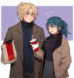 Rule 34 | 1boy, 1girl, alternate costume, bespectacled, black gloves, black sweater, blonde hair, blue eyes, blue hair, blue sweater, blush, breasts, brown coat, byleth (female) (fire emblem), byleth (fire emblem), casual, coat, commentary, cup, dimitri alexandre blaiddyd, disposable cup, earrings, english commentary, english text, fire emblem, fire emblem: three houses, glasses, gloves, hair between eyes, hand in pocket, highres, holding, holding cup, jewelry, long sleeves, mcdonald&#039;s, medium breasts, neekosiah, nintendo, open clothes, open coat, parted lips, ponytail, sweat, sweater, turtleneck, turtleneck sweater