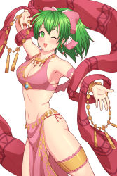 Rule 34 | 1girl, breasts, cleavage, earrings, fire emblem, fire emblem: genealogy of the holy war, green eyes, green hair, harem outfit, highres, ibushi (oath), jewelry, lene (fire emblem), long hair, navel, nintendo, one eye closed, open mouth, pelvic curtain, ponytail, simple background, solo, white background