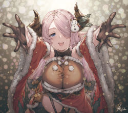 Rule 34 | 1girl, bare shoulders, black gloves, black thighhighs, blue eyes, braid, breasts, commentary, detached sleeves, draph, from above, fur-trimmed sleeves, fur trim, garter belt, garter straps, gloves, granblue fantasy, hair ornament, hair over one eye, heart, heart-shaped pupils, horns, incoming hug, ivris, large breasts, light purple hair, long hair, long sleeves, looking at viewer, mistletoe, narmaya (granblue fantasy), narmaya (holiday) (granblue fantasy), obi, open mouth, outstretched arms, outstretched hand, pink hair, pointy ears, pom pom (clothes), sash, smile, snowman hair ornament, solo, symbol-shaped pupils, thighhighs, upper body, very long hair
