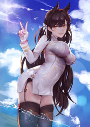 Rule 34 | 1girl, absurdres, atago (azur lane), azur lane, black thighhighs, blue sky, blush, breasts, brown hair, brown thighhighs, cloud, covered navel, cowboy shot, day, dress, garter belt, gloves, hair ribbon, highres, large breasts, leaning forward, lips, long hair, long sleeves, orange eyes, parted lips, partially submerged, partially underwater shot, ribbon, short dress, sky, smile, solo, standing, sun, sunlight, thighhighs, underwater, v, very long hair, wading, water, white dress, white gloves, white ribbon