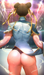 Rule 34 | 1girl, artist request, ass, black panties, brown hair, capcom, china dress, chinese clothes, chun-li, double bun, dress, from behind, hair bun, hair ribbon, highres, huge ass, looking away, panties, pelvic curtain, ribbon, shiny skin, short hair, simple background, solo, street fighter, street fighter 6, sweat, thick thighs, thighs, thong, underwear