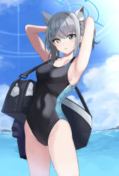 Rule 34 | 1girl, absurdres, animal ear fluff, animal ears, arms up, bag, beru3, blue archive, blue eyes, blue one-piece swimsuit, blue sky, cat ears, cloud, cloudy sky, commentary request, covered navel, cross, duffel bag, hair ornament, hairclip, highres, holding, holding hair, inverted cross, jacket, looking at viewer, ocean, one-piece swimsuit, open mouth, parted lips, ponytail, shiroko (blue archive), shiroko (swimsuit) (blue archive), short hair, sky, solo, standing, sunlight, swimsuit, unworn jacket, water, white hair