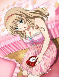 Rule 34 | 1girl, bed, bedroom, breasts, cleavage, collarbone, dress, dutch angle, evening gown, green eyes, hair between eyes, hairband, head tilt, ikkitousen, large breasts, light brown hair, long hair, open mouth, panties, pillow, pink dress, red hairband, see-through, see-through dress, shiny skin, short dress, sleeveless, sleeveless dress, solo, sonken chuubou, strapless, strapless dress, underwear, wooden floor