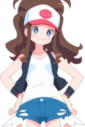Rule 34 | 1girl, baseball cap, black vest, black wristband, blue eyes, blue shorts, blush, bright pupils, brown hair, closed mouth, commentary, cowboy shot, creatures (company), cutefires, eyelashes, game freak, hands on own hips, hat, high ponytail, hilda (pokemon), long hair, looking down, mixed-language commentary, nintendo, pokemon, pokemon bw, shirt, short shorts, shorts, sidelocks, simple background, sleeveless, sleeveless shirt, smile, solo, split mouth, vest, white background, white hat, white pupils, white shirt