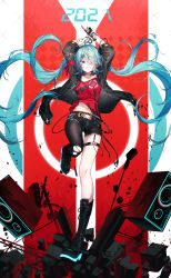 Rule 34 | 1girl, 2021, absurdres, ahoge, alternate costume, aqua eyes, aqua hair, arm tattoo, arms up, asymmetrical footwear, barcode, barcode tattoo, belt, boots, choker, collarbone, debris, full body, hair ornament, hair over one eye, hatsune miku, highres, holding own arm, index finger raised, jacket, long hair, long sleeves, microphone, mismatched footwear, nail polish, navel, open clothes, open jacket, qys3, red shirt, shirt, shoes, short shorts, shorts, single leg pantyhose, smile, smirk, solo, speaker, star tattoo, tattoo, torn clothes, torn legwear, twintails, very long hair, vocaloid