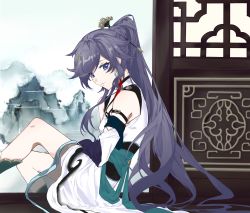Rule 34 | 1girl, absurdres, bare shoulders, black hair, blue eyes, china dress, chinese clothes, closed mouth, cloud, cloudy sky, dress, earrings, fu hua, fu hua (azure empyrea), hair ornament, highres, honkai (series), honkai impact 3rd, jewelry, long hair, looking at viewer, looking to the side, mountainous horizon, ponytail, single earring, sitting, sky, solo, white dress, white sky, xianjingdemiao
