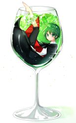 Rule 34 | 1girl, androgynous, antennae, barefoot, blouse, cape, collared shirt, cup, drinking glass, feet, female focus, green eyes, green hair, highres, in container, in cup, katsuobushi (eba games), mini person, minigirl, shirt, short hair, simple background, solo, touhou, two-sided fabric, white background, white shirt, wine glass, wriggle nightbug