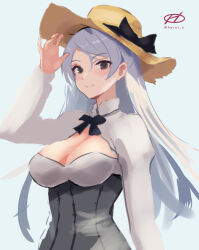 Rule 34 | 1girl, artist logo, breasts, brown eyes, brown hat, cleavage, cleavage cutout, clothing cutout, conte di cavour (kancolle), corset, dress, grey dress, grey hair, haruto (harut n), hat, kantai collection, large breasts, long hair, long sleeves, one-hour drawing challenge, smile, solo, straw hat, two-tone dress, two side up