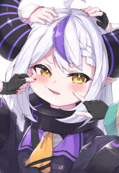 Rule 34 | 5girls, absurdres, ahoge, black dress, black gloves, blush, braid, braided bangs, cheek poking, cheek pull, commentary request, demon horns, dress, fingerless gloves, gloves, grey hair, hakui koyori, hand on another&#039;s head, highres, hololive, holox, horns, kazama iroha, la+ darknesss, long sleeves, masaki (msk064), multicolored hair, multiple girls, nail polish, out of frame, pink nails, pointy ears, poking, purple hair, red nails, sakamata chloe, simple background, sleeves past wrists, solo focus, streaked hair, takane lui, upper body, v-shaped eyebrows, virtual youtuber, white background, wide sleeves, yellow eyes