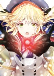 Rule 34 | 1girl, absurdres, artoria caster (fate), artoria caster (second ascension) (fate), artoria pendragon (fate), black gloves, blonde hair, blue ribbon, blurry, bokeh, bow, bowtie, buttons, cowboy shot, depth of field, double-breasted, fate/grand order, fate (series), gloves, glowing, green eyes, hat, highres, looking at viewer, open mouth, outstretched hand, ribbon, tearing up, white background, yuki haru