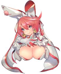 Rule 34 | 1girl, ahoge, blue eyes, blush, breasts, cleavage, closed mouth, clover, commentary request, dress, earrings, elphelt valentine, four-leaf clover, gloves, guilty gear, guilty gear xrd, hairband, jewelry, juliet sleeves, large breasts, long hair, long sleeves, looking at viewer, oro (sumakaita), pink hair, puffy sleeves, short hair, smile, solo, spiked hairband, spikes, veil, white background, white dress