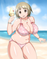Rule 34 | 10s, 1girl, blush, breasts, brown eyes, brown hair, cleavage, hair ornament, idolmaster, idolmaster cinderella girls, large breasts, looking at viewer, mahira (pixiv174324), mimura kanako, navel, open mouth, plump, shiny skin, short hair, smile, solo, standing, swimsuit, thick thighs, thighs