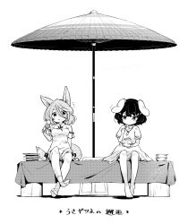 Rule 34 | 2girls, animal ears, barefoot, carrot necklace, commentary request, dango, dress, eating, floppy ears, food, fox ears, fox tail, greyscale, inaba tewi, kudamaki tsukasa, monochrome, multiple girls, necklace, parasol, rabbit ears, ribbon-trimmed dress, romper, shaved ice, shirt, short hair, short sleeves, simple background, sitting, skirt, socks, tail, tanasuke, touhou, translated, umbrella, wagashi, wavy hair, white background