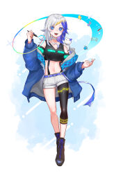 Rule 34 | 1girl, absurdres, amane uta, animal, animal on shoulder, anklet, belt, black footwear, black shirt, blonde hair, blue belt, blue eyes, blue hair, blue jacket, blue nails, breasts, brown leggings, cat, cat on shoulder, choker, commentary, crop top, cross-laced footwear, detached sleeves, earrings, full body, hands up, highres, holding, holding stylus, jacket, jewelry, leggings, long hair, looking at viewer, medium breasts, multicolored hair, nail polish, navel, off shoulder, open clothes, open jacket, open mouth, original, purple hair, shirt, shorts, single leg pantyhose, solo, stylus, suspender shorts, suspenders, symbol-only commentary, white choker, white hair, white shorts, yellow nails