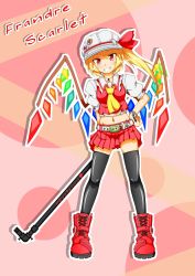 Rule 34 | 1girl, azikiwe, belt, black thighhighs, blonde hair, boots, character name, embodiment of scarlet devil, female focus, flandre scarlet, full body, hat, highres, ponytail, ranguage, red eyes, short hair, side ponytail, smile, solo, thighhighs, touhou, wings
