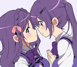 Rule 34 | 2girls, blush, bow, braid, breasts, character request, closed mouth, collared shirt, from side, gochuumon wa usagi desu ka?, hair between eyes, hair ornament, hairclip, holding hands, itamochi, long hair, long sleeves, looking at viewer, looking to the side, medium breasts, multiple girls, profile, purple background, purple bow, purple eyes, purple hair, purple vest, rabbit house uniform, shirt, sidelocks, simple background, smile, tedeza rize, twintails, vest, white shirt
