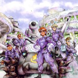 Rule 34 | 1990s (style), 2girls, 5boys, al&#039;cu ad solte, artist self-insert, belt, body armor, bonaparte (tank), boots, bulletproof vest, cannon, character request, cigar, cityscape, cloud, concept art, cyberpunk, damaged, dirty, dominion (manga), emblem, english text, facial hair, glasses, gloves, goggles, hat, headgear, leona ozaki, light, lighter, machinery, manly, military vehicle, motor vehicle, multiple boys, multiple girls, mustache, new dominion tank police, official art, official style, police, police badge, police uniform, policeman, policewoman, production art, promotional art, retro artstyle, scan, science fiction, shirou masamune, shirow masamume (person), sunglasses, swat, tactical clothes, tank, traditional media, turret, uniform