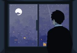 Rule 34 | 1boy, animated, animated gif, artist name, black hair, black sweater, building, cityscape, cloud, cloudy sky, colored skin, commentary, english commentary, frogapples, from behind, glass, grey skin, ice, ice cube, looping animation, moon, night, original, pixel art, short hair, sky, solo, sweater, upper body, window
