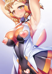 Rule 34 | 1girl, armpits, arms up, bodysuit, breasts, brown hair, censored, closed mouth, clothing cutout, hair ornament, hairclip, headgear, heart cutout, highres, impossible bodysuit, impossible clothes, katourennyu, large breasts, looking at viewer, nipple cutout, nipples, orange bodysuit, orange eyes, pussy, pussy cutout, senki zesshou symphogear, shiny clothes, shiny skin, short hair, skin tight, sleeveless, smile, solo, standing, steaming body, tachibana hibiki (symphogear)