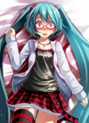 Rule 34 | 1girl, absurdres, aqua hair, bad id, bad pixiv id, bed sheet, black shirt, blue nails, blush, collarbone, cowboy shot, female focus, fingernails, from above, glasses, hatsune miku, highres, jacket, jewelry, long hair, long sleeves, looking at viewer, lying, nail polish, natural (module), necklace, nervous, nose blush, on back, open clothes, open jacket, open mouth, pendant, petticoat, plaid, plaid skirt, pleated skirt, project diva (series), red eyes, red skirt, round teeth, sanpaku, shirt, single thighhigh, skirt, sleeves past wrists, solo, striped clothes, striped thighhighs, sweat, tareme, teeth, thighhighs, tsukishiro saika, twintails, very long hair, vocaloid, white jacket, wide-eyed, zettai ryouiki