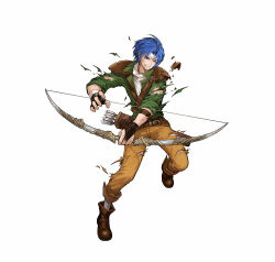 Rule 34 | 1boy, armor, arrow (projectile), blue eyes, blue hair, bow (weapon), brown footwear, clenched hand, clenched teeth, fire emblem, fire emblem: thracia 776, fire emblem heroes, full body, green shirt, headband, holding, holding bow (weapon), holding weapon, nintendo, official art, one eye closed, pants, pauldrons, quiver, ronan (fire emblem), shirt, shoulder armor, teeth, torn clothes, uroko (mnr), weapon, white headband, yellow pants