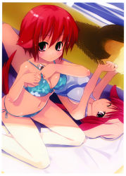 Rule 34 | 2girls, ;), absurdres, adjusting clothes, adjusting swimsuit, animal ears, bare shoulders, beach, bikini, breasts, cleavage, dog ears, dog tail, hat, highres, looking at viewer, lotion, lying, multiple girls, navel, on back, one-piece swimsuit, one eye closed, original, pink eyes, red hair, refeia, shade, short hair, side-tie bikini bottom, sitting, smile, sun hat, sunscreen, swimsuit, tail, water, wink, yokozuwari