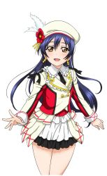 Rule 34 | 1girl, artist request, beret, blazer, blue hair, bow, brown eyes, earrings, feather beret, flower, frilled shirt, frills, hair between eyes, hat, hat feather, jacket, jewelry, long hair, looking at viewer, love live!, love live! school idol festival, love live! school idol festival after school activity, love live! school idol project, necktie, official art, open mouth, shirt, skirt, smile, solo, sonoda umi, sore wa bokutachi no kiseki, transparent background