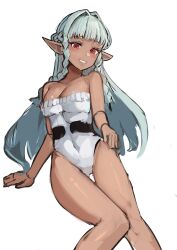 Rule 34 | 1girl, aqua hair, bare arms, bare shoulders, braid, breasts, cleavage, commentary request, covered navel, dark-skinned female, dark elf, dark skin, elf, hair intakes, highres, leotard, long hair, medium breasts, pointy ears, red eyes, rosalinde (unicorn overlord), side braids, simple background, smile, solo, solokitsune, strapless, strapless leotard, thigh gap, thighs, unfinished, unicorn overlord, very long hair, white background, white leotard