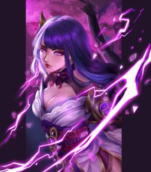 Rule 34 | 1girl, armor, breasts, closed mouth, commentary, electricity, english commentary, flower, genshin impact, hair ornament, highres, japanese clothes, kimono, large breasts, lips, long hair, looking at viewer, mihan77108047, mole, mole under eye, purple eyes, purple hair, raiden shogun, sash, shoulder armor, solo, tassel, tree