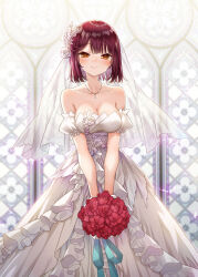 Rule 34 | 1girl, alt (ctrldel), atelier (series), atelier sophie, blush, bouquet, breasts, church, cleavage, commentary request, detached sleeves, dress, flower, hair flower, hair ornament, happy, highres, holding, holding bouquet, jewelry, layered dress, looking at viewer, medium breasts, medium hair, mosaic art, necklace, orange eyes, red flower, red hair, see-through, smile, solo, sophie neuenmuller, strapless, strapless dress, v arms, veil, wedding dress, white dress, white flower