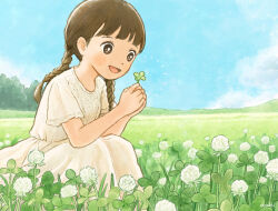 Rule 34 | 1girl, black eyes, blue sky, braid, bright pupils, brown hair, casual, clover, dandelion, day, dress, field, flower, flower field, four-leaf clover, happy, hill, holding, holding leaf, landscape, leaf, looking at object, low twintails, nature, open mouth, original, outdoors, short sleeves, sky, smile, solo, squatting, tokoyu, twin braids, twintails, white dress, white flower