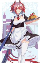 Rule 34 | 1girl, alternate costume, apron, arknights, arm behind back, black dress, blue background, blue hair, border, bottle, breast lift, breasts, cleavage, detached collar, dress, enmaided, feather hair, fiammetta (arknights), food, frilled apron, frilled dress, frills, gameyaruzaurus, highres, holding, holding tray, large breasts, maid, multicolored hair, necktie, open mouth, outside border, pantyhose, red eyes, red hair, red necktie, short hair, short sleeves, single leg pantyhose, single thighhigh, solo, table, thigh strap, thighhighs, tray, two-tone hair, v-shaped eyebrows, waist apron, walking, white apron, white border, white pantyhose, white thighhighs