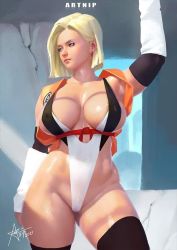 Rule 34 | 1girl, alternate breast size, android 18, arm warmers, armpits, arms up, artnip, black one-piece swimsuit, black thighhighs, blonde hair, breasts, cleavage, covered erect nipples, cowboy shot, curvy, detached sleeves, dragon ball, dragonball z, earrings, forehead, highleg, highleg swimsuit, jewelry, large breasts, lips, nose, one-piece swimsuit, red ribbon, rei no himo, ribbon, short hair, solo, standing, swimsuit, thick thighs, thighhighs, thighs, white one-piece swimsuit