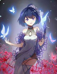 Rule 34 | 1girl, :d, absurdres, antenna hair, bare shoulders, blue butterfly, blue eyes, blue gloves, blue hair, breasts, bug, butterfly, china dress, chinese clothes, cleavage, dress, flower, gloves, glowing butterfly, hair between eyes, hair flower, hair ornament, highres, honkai (series), honkai impact 3rd, insect, linxi, looking at viewer, open mouth, seele vollerei, seele vollerei (stygian nymph), short hair, single glove, sleeveless, sleeveless dress, smile, solo, spider lily, white dress, white flower