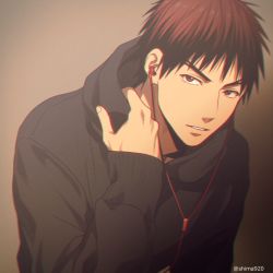 Rule 34 | 1boy, black hoodie, casual, commentary request, earphones, gradient background, grey background, hand up, hood, hood down, hoodie, kagami taiga, kuroko no basuke, long sleeves, looking at viewer, male focus, mashima shima, parted lips, red eyes, red hair, short hair, simple background, solo, twitter username, upper body