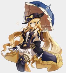 Rule 34 | 1girl, :q, absurdres, black dress, black hat, black skirt, black thighhighs, blue eyes, bow, cropped legs, detached sleeves, dress, genshin impact, gold trim, hat, hat bow, highres, holding, holding umbrella, jewelry, long hair, merry-san, navia (genshin impact), necklace, ship&#039;s wheel, simple background, skirt, solo, sparkle, thighhighs, tongue, tongue out, two-tone dress, umbrella, very long hair, wavy hair, white background, white dress, yellow bow