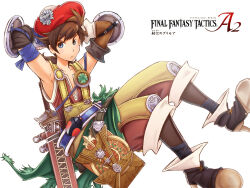 Rule 34 | 1boy, arms behind head, belt, blue eyes, book, brown hair, chain, clover, copyright name, cross-laced footwear, detached sleeves, final fantasy, final fantasy tactics a2, final fantasy tactics advance, flower, four-leaf clover, full body, gauntlets, hat, high heels, leggings, looking at viewer, loose belt, luso clemens, mazjojo, overalls, patch, red hat, scabbard, sheath, solo, white flower