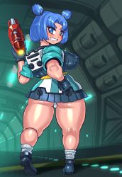 Rule 34 | 1girl, absurdres, ass, black gloves, blue eyes, blue hair, breasts, commentary request, curvy, gloves, grin, gun, highres, jet force gemini, large breasts, looking at viewer, looking back, minami aomori, panties, panty peek, short hair, short twintails, skirt, smile, socks, solo, thick eyebrows, thick thighs, thighs, twintails, underwear, vela, vela (jet force gemini), weapon, white panties, white socks, wide hips