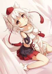 Rule 34 | 1girl, alternative facts in eastern utopia, animal ears, bare shoulders, bed, between legs, blush, collarbone, curtains, detached sleeves, hand between legs, hat, highres, inubashiri momiji, looking at viewer, miniskirt, multicolored clothes, multicolored skirt, non-web source, nyanya, official art, orange eyes, pleated skirt, pom pom (clothes), sitting, skirt, socks, solo, tail, tokin hat, touhou, wariza, white hair, white socks, wide sleeves, wolf ears, wolf tail