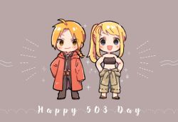 Rule 34 | 1boy, 1girl, :d, ahoge, arm at side, bare arms, bare shoulders, black pants, black shirt, blonde hair, blue eyes, blush, blush stickers, boots, braid, chibi, coat, commentary, edward elric, english text, eyes visible through hair, full body, fullmetal alchemist, grey background, grey pants, hand on own hip, hands on own hips, looking at viewer, midriff, navel, open mouth, pants, red coat, shirt, shyh yue, simple background, single braid, smile, standing, strapless, text focus, tube top, winry rockbell, yellow eyes