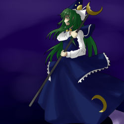 Rule 34 | 1girl, bad id, bad pixiv id, crescent moon, female focus, gradient background, green eyes, green hair, hat, long hair, mima (touhou), moon, solo, staff, standing, taida jun, touhou, touhou (pc-98), very long hair