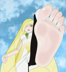 Rule 34 | 1girl, barefoot, blonde hair, creatures (company), feet, femdom, foot focus, from below, game freak, green eyes, grin, highres, long hair, looking at viewer, lusamine (pokemon), nintendo, parted lips, pokemon, pokemon sm, pov, smile, soles, solo, toes
