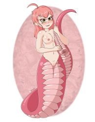 Rule 34 | 1girl, absurdres, artist name, blush, breasts, cloaca, fangs, highres, lamia, medium hair, monster girl, navel, nipples, nude, pink hair, pussy, small breasts, smile, solo, yellow eyes