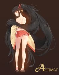 Rule 34 | 1girl, absurdly long hair, ass, bad id, bad twitter id, bare back, black hair, brown background, creatures (company), from behind, full body, game freak, gen 3 pokemon, long hair, long legs, looking back, mawile, miniskirt, mx2j, nintendo, no panties, off shoulder, personification, pleated skirt, pokemon, ponytail, red eyes, ribbon-trimmed skirt, ribbon-trimmed sleeves, ribbon trim, sandals, simple background, skirt, solo, tiptoes, very long hair, wide sleeves