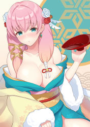 Rule 34 | 1girl, bare shoulders, blue eyes, blush, breasts, cleavage, collarbone, commentary request, cup, earrings, fire emblem, fire emblem heroes, flower, fur trim, gunnthra (fire emblem), hair flower, hair ornament, highres, japanese clothes, jewelry, kimono, large breasts, long hair, looking at viewer, nintendo, nose blush, obi, off shoulder, parted lips, pink hair, sakazuki, sash, shiyo yoyoyo, solo, wide sleeves
