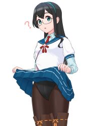 Rule 34 | 1girl, ?, black hair, black leotard, black pantyhose, blue sailor collar, blue skirt, boots, breasts, clothes lift, cowboy shot, female focus, geometrie, green eyes, hairband, highres, kantai collection, layered sleeves, leotard, lifting own clothes, long sleeves, looking at viewer, necktie, ooyodo (kancolle), pantyhose, pleated skirt, red necktie, sailor collar, school uniform, semi-rimless eyewear, serafuku, short over long sleeves, short sleeves, simple background, skirt, skirt lift, small breasts, solo, thigh boots, under-rim eyewear, white background