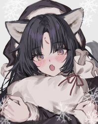 Rule 34 | 1girl, :o, animal ears, aogisa, arknights, black hair, black hat, blush, brown eyes, commentary, dog ears, dog girl, dog tail, facial mark, fang, forehead mark, fur-trimmed sleeves, fur trim, hat, highres, holding, holding sack, hugging object, long hair, long sleeves, looking at viewer, open mouth, parted bangs, sack, saga (arknights), santa hat, skin fang, snowflakes, solo, symbol-only commentary, tail, upper body